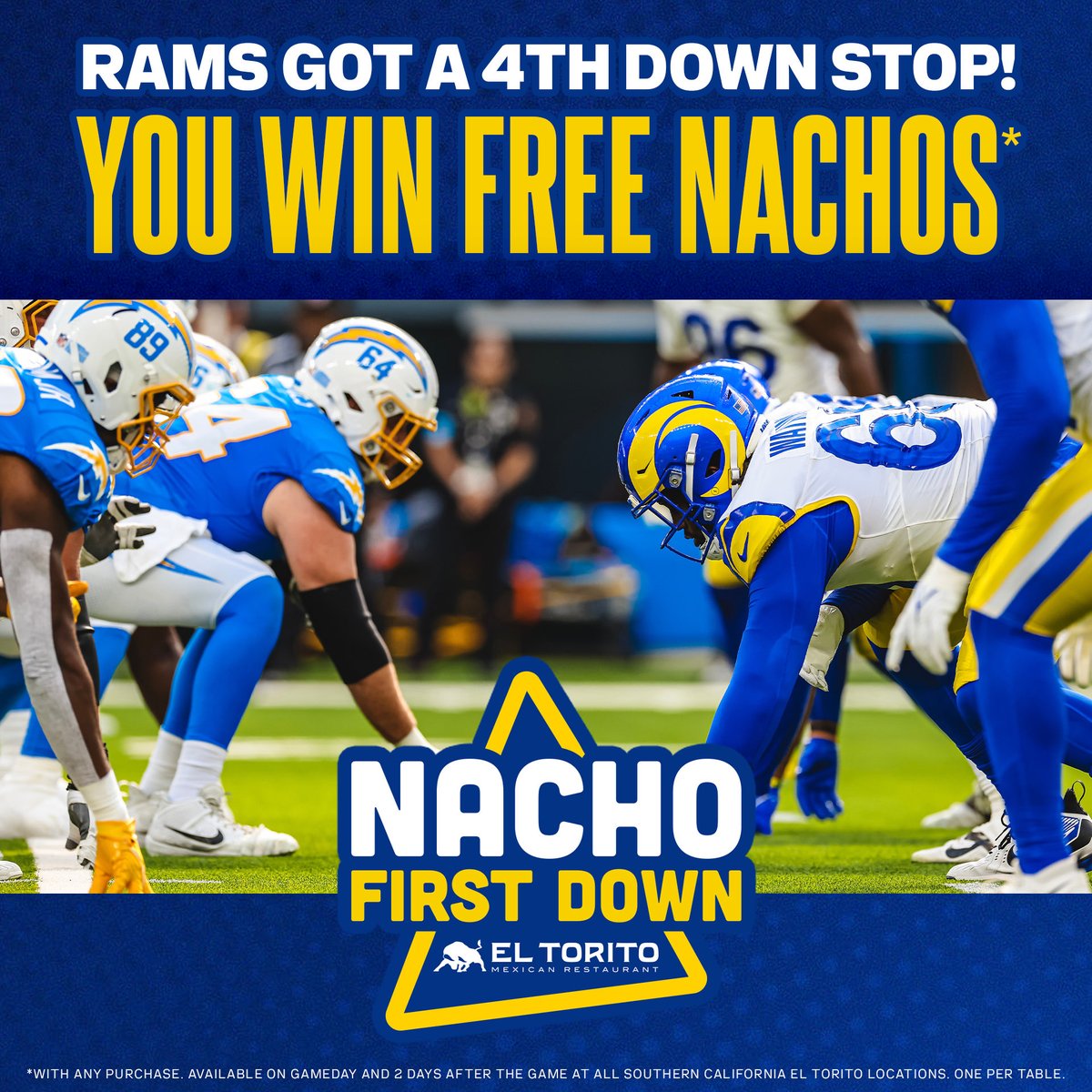 What an awesome promo from El Torito <a href="/RamsNFL/">Los Angeles Rams</a>. You’re stopped Trevor Lawrence on 4th down 3 times and now we get 3 orders of Nachos for free. Let’s go for 4 or 5!