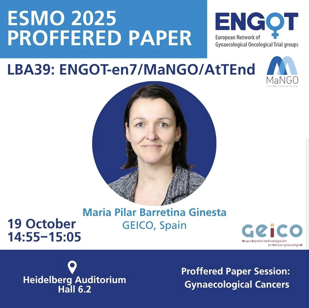 La Dra Barretina ha presentat avui a #ESMO25 (Berlin) en sessió oral els resultats de l'estudi ENGOT-en7/MaNGO/AtTEnd que explora el paper d'atezolizumab (immunoteràpia) amb quimioteràpia per càncer endometri avançat. Enhorabona per aquest esforç internacional acadèmic! 💪👏🔝