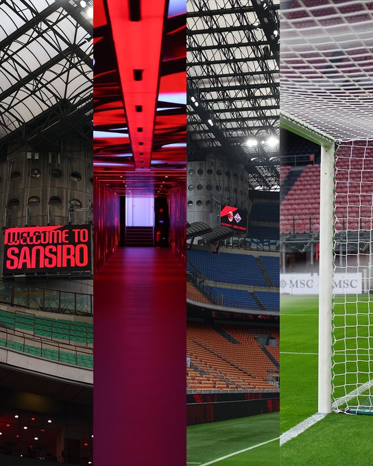 First panel shows modern stadium exterior with glass roof and red illuminated accents under night lights. Second panel displays long entrance tunnel with white walls blue lighting and large red LED sign reading Welcome to San Siro leading to stairs. Third panel features seating sections in red and blue colors with AC Milan logo on banners and overhead structure. Fourth panel depicts white goalpost and net on green soccer field with stadium stands in background.