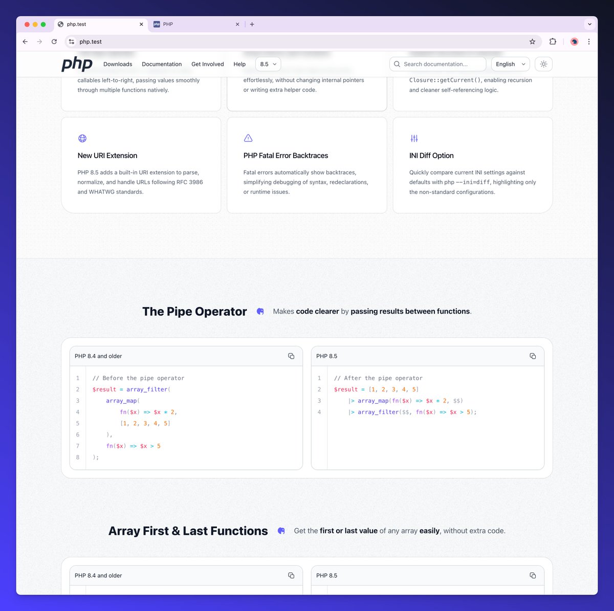 nunowar's tweet image. PHP website UPDATE: removed the "vibe" background for a cleaner and more tech/dev look. Simplicity is the way for the new @official_php site. What do you think? #buildinginpublic