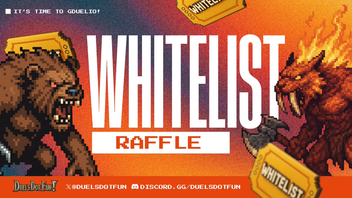 🎴 DUELSDOTFUN WL RAFFLE!🎴

We’re raffling off 10 Whitelist spots — 5 winners from X and 5 from Discord! ⚔️

📜 HOW TO ENTER (for X):
1️⃣ Follow @duelsdotfun
2️⃣ Like ❤️ and Retweet 🔁 this post
3️⃣ Tag 3 friends and drop your Solana wallet address in the comments 👇

🎯 Join our