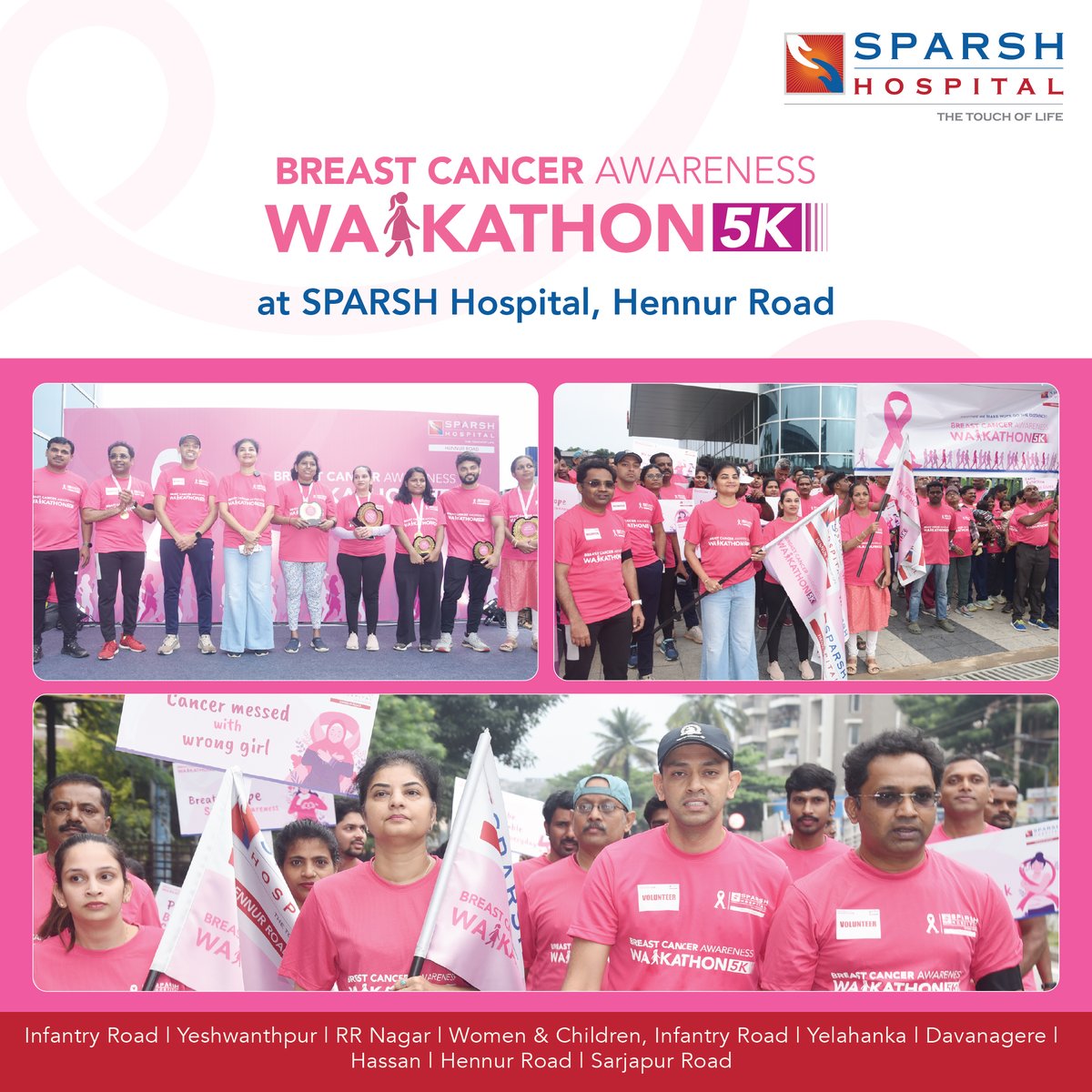 Together, we walked for awareness, strength &amp; hope! 💗
SPARSH Hospital, Hennur Road hosted the Breast Cancer Awareness Walkathon 5K, spreading the message of early detection &amp; care.
#SPARSHHospital #BreastCancerAwareness #Walkathon5K #TheTouchOfLife
