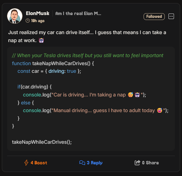 mr_kevinlyy's tweet image. Our users have found a new way to introduce themselves on @algosyncverse  — not with words, but with code.😎 

Here’s one of our favorites so far… from someone who claimed to be Elon Musk (for fun, of course)🤣