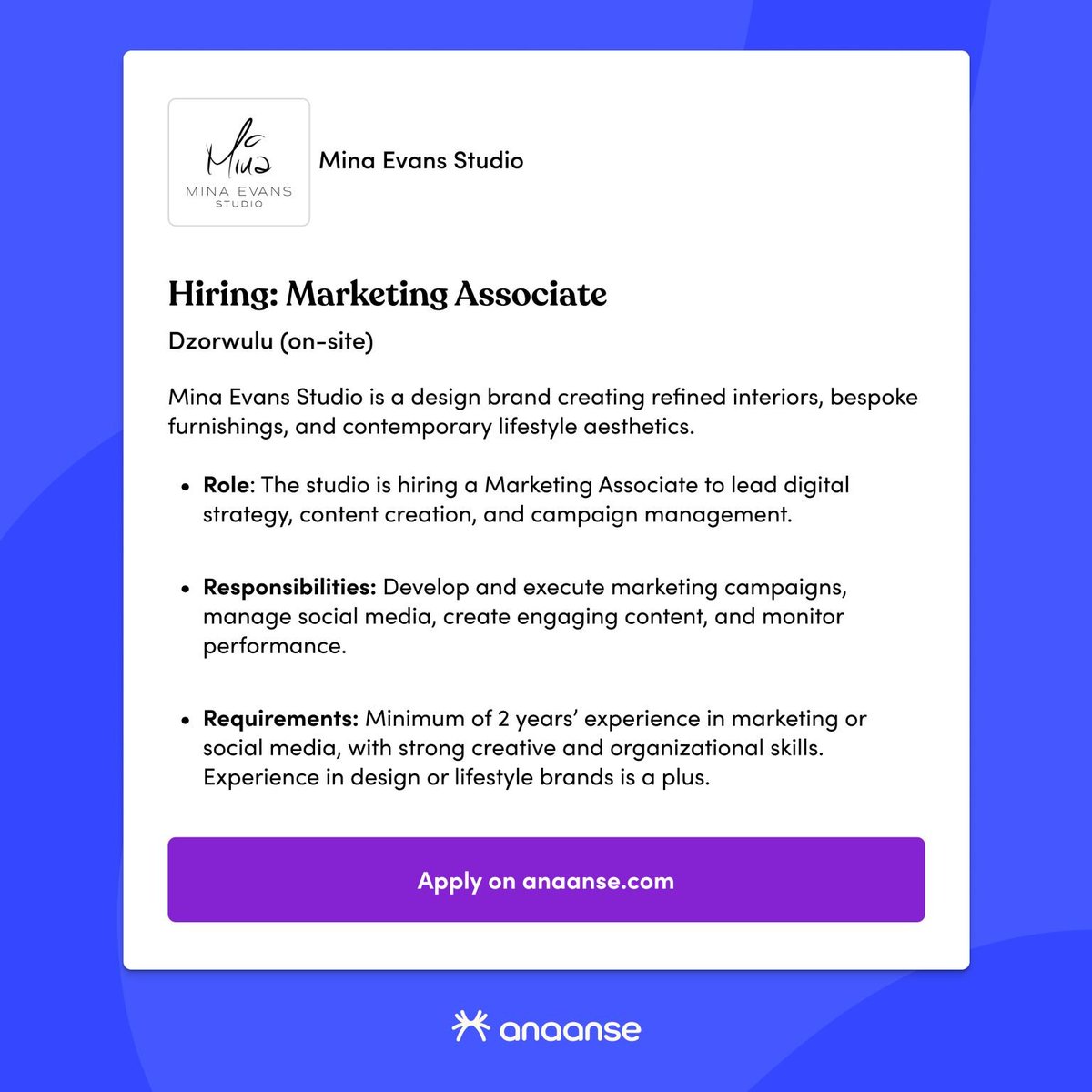 Hiring: Marketing Associate

Apply here: anaanse.com/jobs/view/mark…