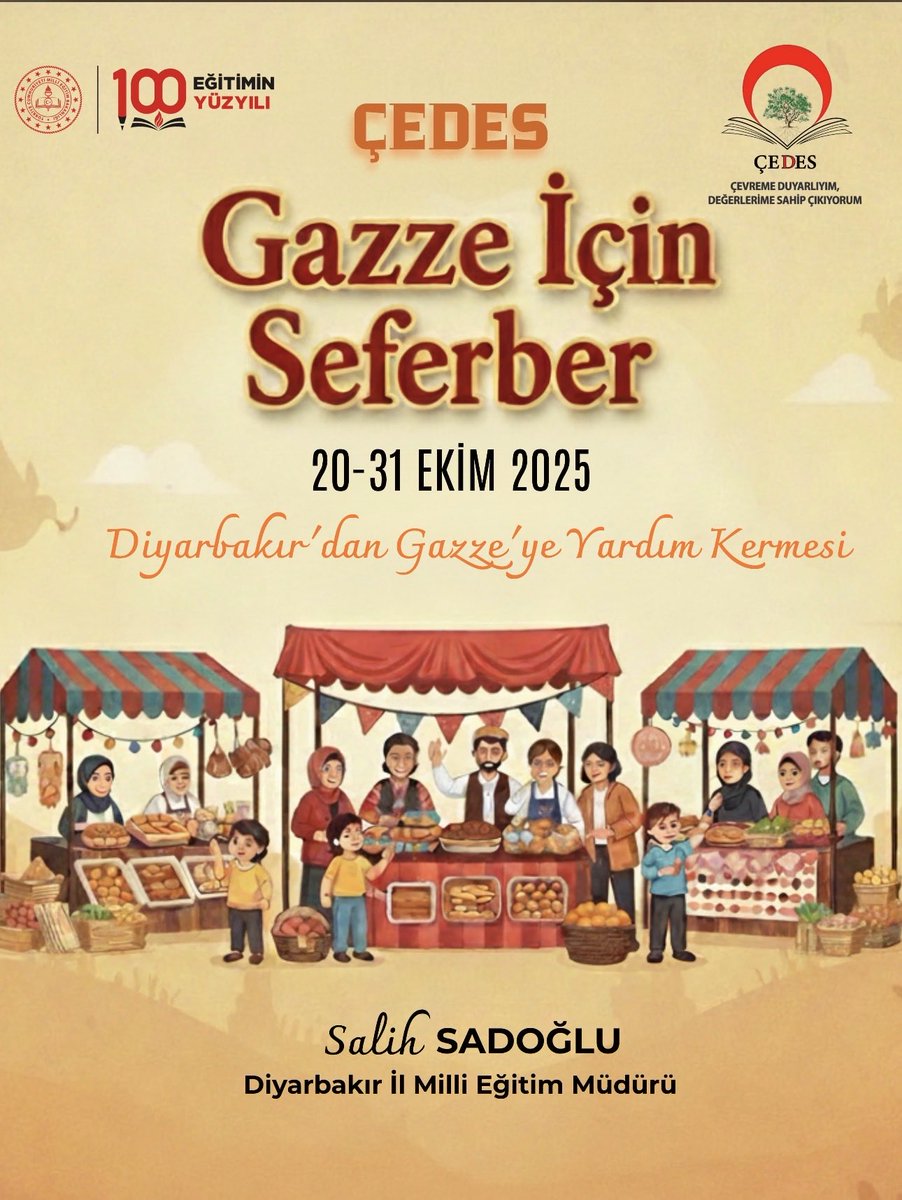 ▪️“Savaş Sonrası Gazze’ye Nefes Olalım” temasıyla düzenlenecek olan Yardım Kermesi ile yaraları birlikte sarmaya davet ediyoruz.🇵🇸

📅20-31 Ekim

▪️ÇEDES Projesi kapsamında #Diyarbakır ’dan Gazze’ye uzanan iyilik köprüsünde buluşuyoruz.

<a href="/vali_zorluoglu/">Murat Zorluoğlu</a>
<a href="/sadoglu_salih/">Salih Sadoğlu</a>
<a href="/ErnezDemir/">Demir Ernez</a>