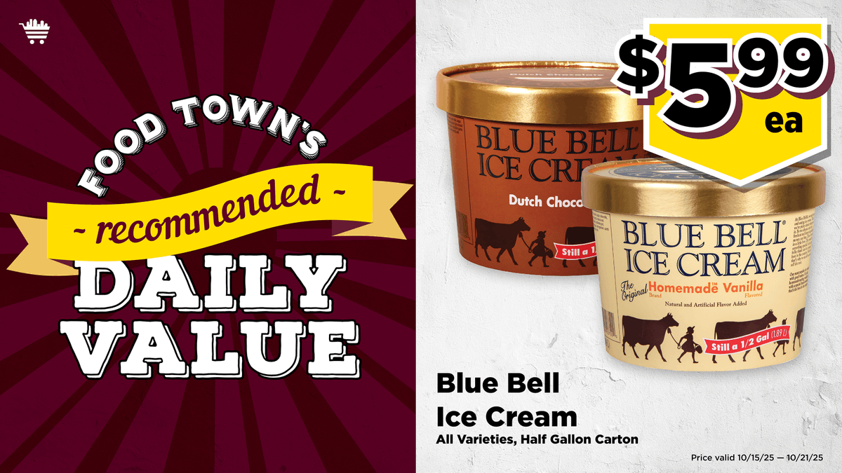 Food Town RDV: Blue Bell Ice Cream (All Varieties, Half Gallon Carton): $5.99 each
(Valid through 10/21/25). rdv #save #everydayvalues#foodtownhouston