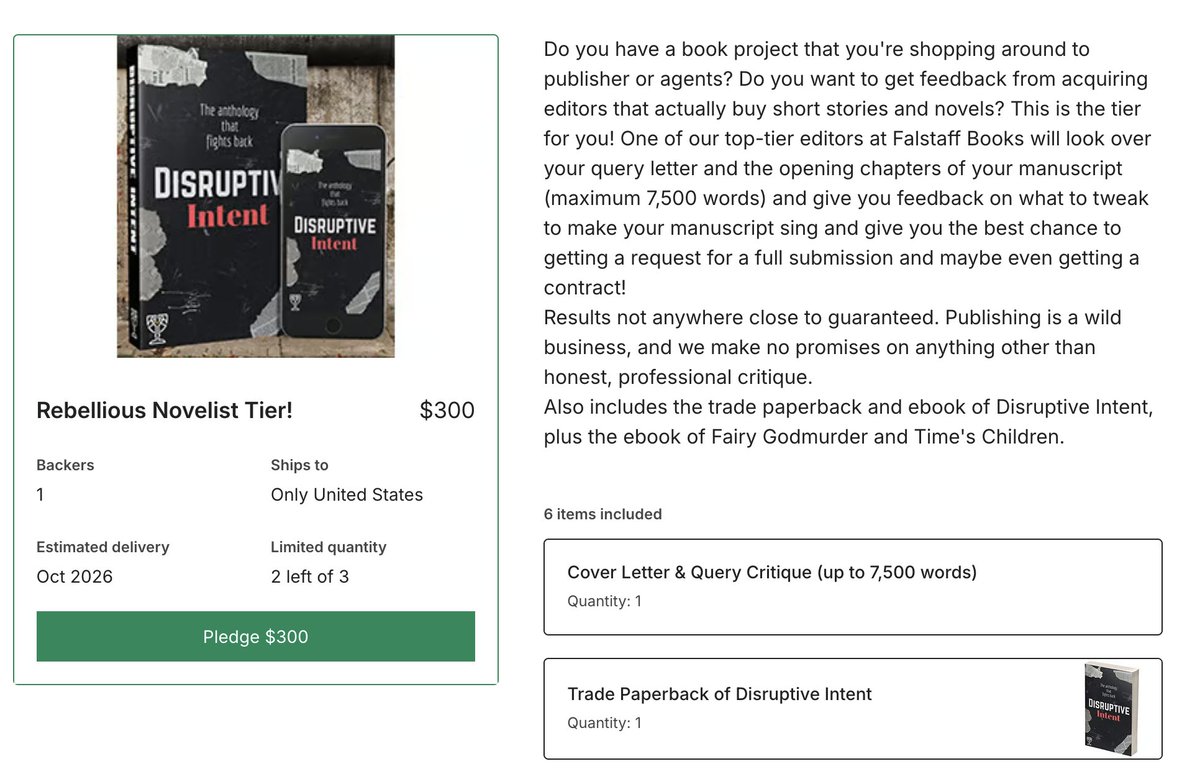Want to support other writers while also getting some help with your own writing life? Several tiers in the Disruptive Intent anthology kickstarter from <a href="/falstaff/">FALSTAFF</a> offer editing and review at lower rates than you can buy them for separately. Give it a look! kickstarter.com/projects/falst…