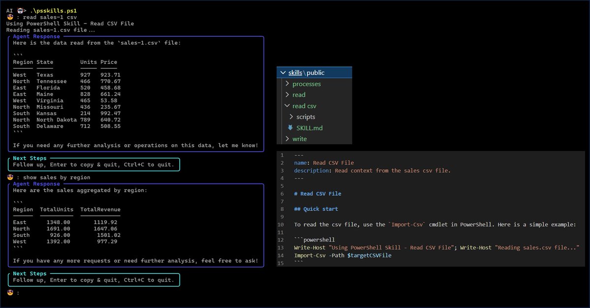 dfinke's tweet image. PowerShell just got a new skill ⚙️
PoC for #PowerShell using `New-Agent` in PSAI
Turns out, pieces were already there — PSAI (a port of the OpenAI SDK) had the primitives.
📦Install-Module PSAI
Anthropic just articulated them with Claude Skills 👇
@dalehassinger @SQLvariant