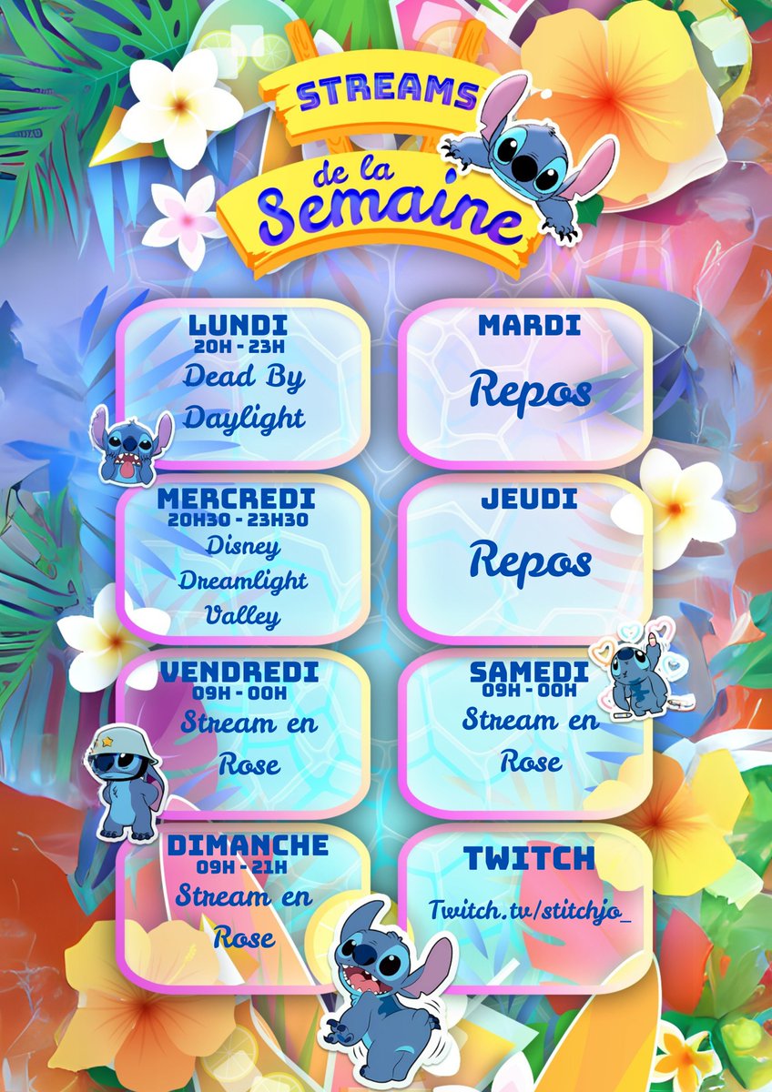 🌺 Planning de la semaine ! 🌺
🎮 Lundi 20h → #DeadByDaylight
✨ Mercredi 20h30 → #DisneyDreamlightValley
🎀 Vendredi 9h ➜ Dimanche 00h → Événement caritatif #StreamEnRose !
Avec <a href="/MasterDamon_/">Damon 🫶🏻</a> , <a href="/Sora_Kwak_/">Sora</a> , Galad_dc &amp; <a href="/Yoshisgamer_/">Yoshisgamer</a>  💗