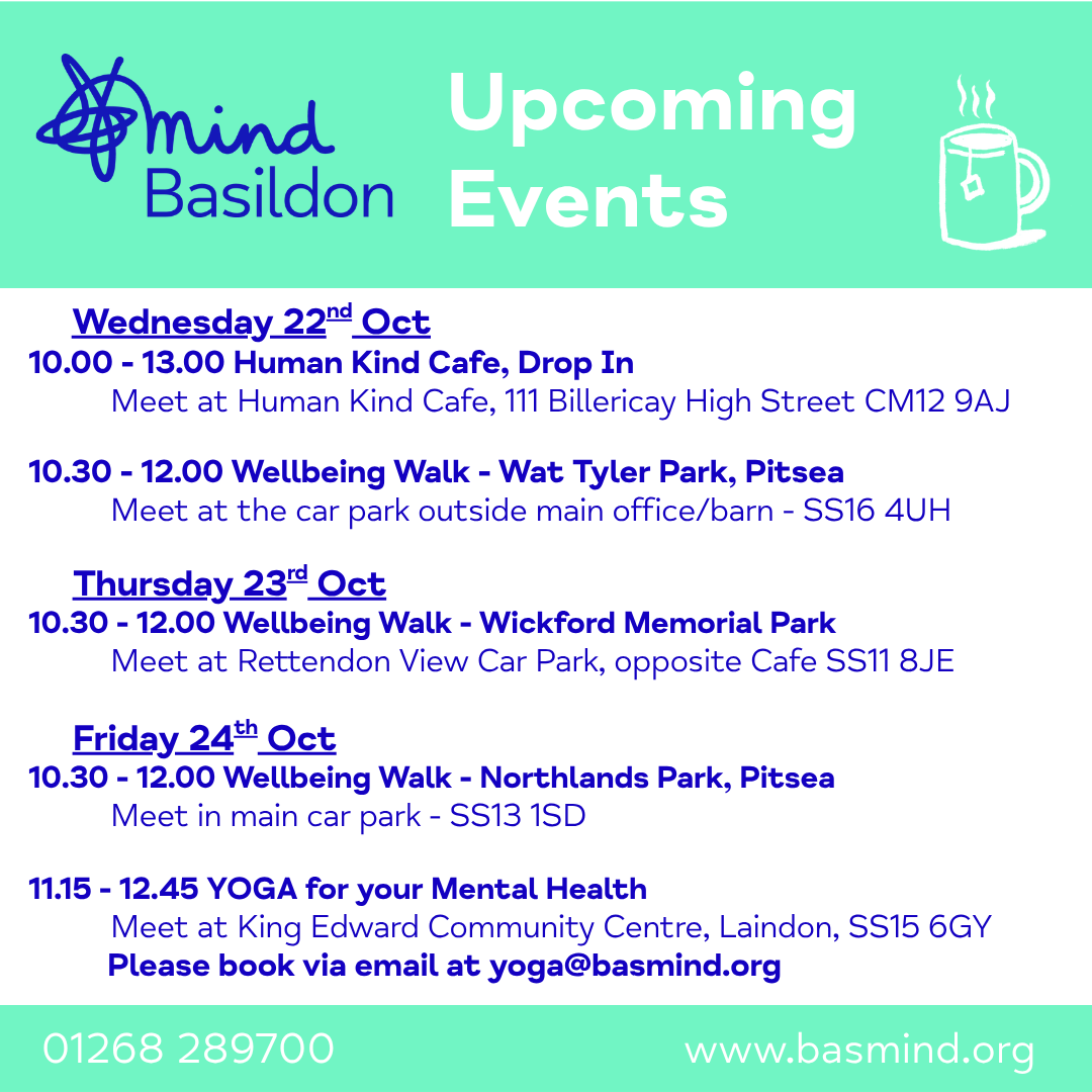 BasildonMind's tweet photo. 🌿 Community Events This Week 🌿
Join us in Basildon, Wickford &amp; Billericay for:
🚶 Wellbeing Walks
☕ Human Kind Café Drop-In
🧘 Yoga (book: yoga@basmind.org)
🌱 Allotment Activities
Come along &amp; boost your wellbeing — everyone’s welcome!
#basildon #wickford #billericay #mind https://t.co/smhLT588xR