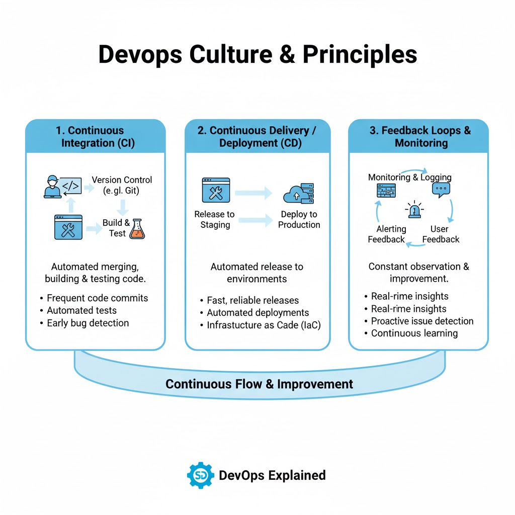e_opore's tweet image. DevOps Culture & Principles (CI, CD, Feedback Loops)
Culture & Mindset
→ High trust and shared responsibility across teams
→ Developers, operations, QA, and security work together
→ Focus on continuous learning and improvement
→ Customer-centric approach with frequent…