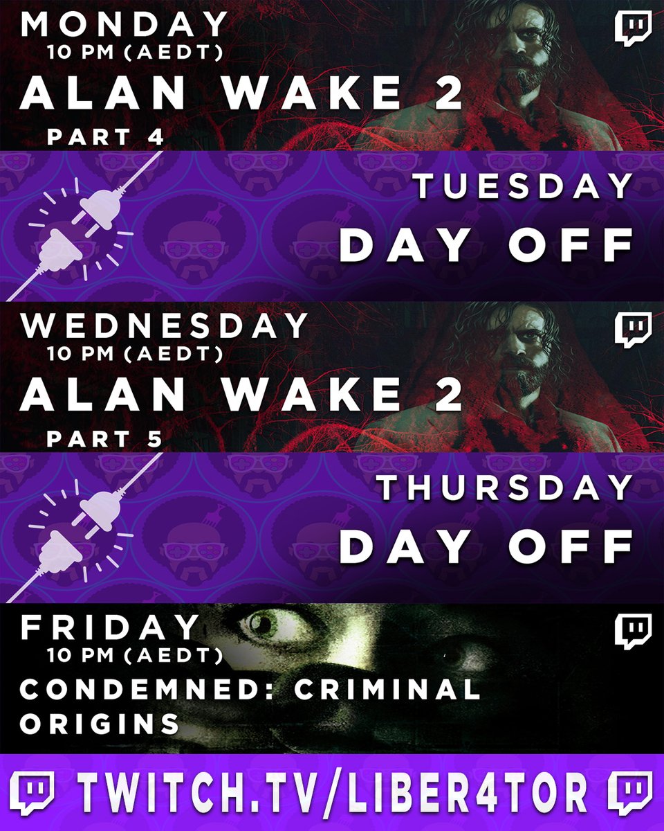 📺This week on #Twitch - October 20th to October 24th. Expect The End Of A Manuscript &amp; CRIME!📺

📑Alan Wake 2 - Part 4📑
💡Alan Wake 2 - Part 5💡
🚔Condemned: Criminal Origins🚔

🎮🎮🎮 twitch.tv/liber4tor 🎮🎮🎮