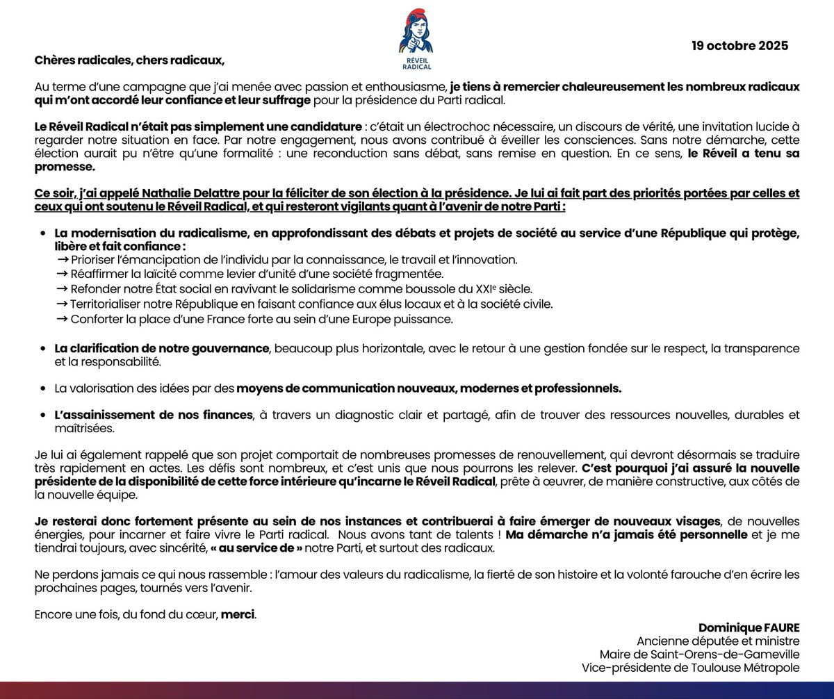 Je tiens à remercier les radicaux pour leur confiance et à féliciter <a href="/n_delattre/">Nathalie Delattre</a> pour son élection à la tête du <a href="/PartiRadical/">Parti Radical</a>.

Mon message aux radicaux 👇🏻👇🏻