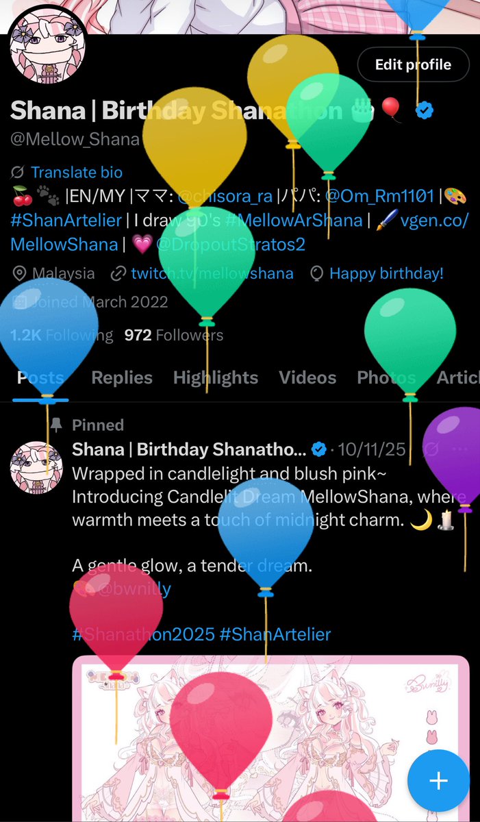 Hiii everyone! 🎂💗
Guess what—it’s my birthday today!! ✨

Apologies for the no stream tonight, but I’ll be going live sometime later today instead~💕
In the meantime, you can drop your birthday wishes for me to read later right here:
👉 padlet.com/mellowshana/bi…

Thank you so