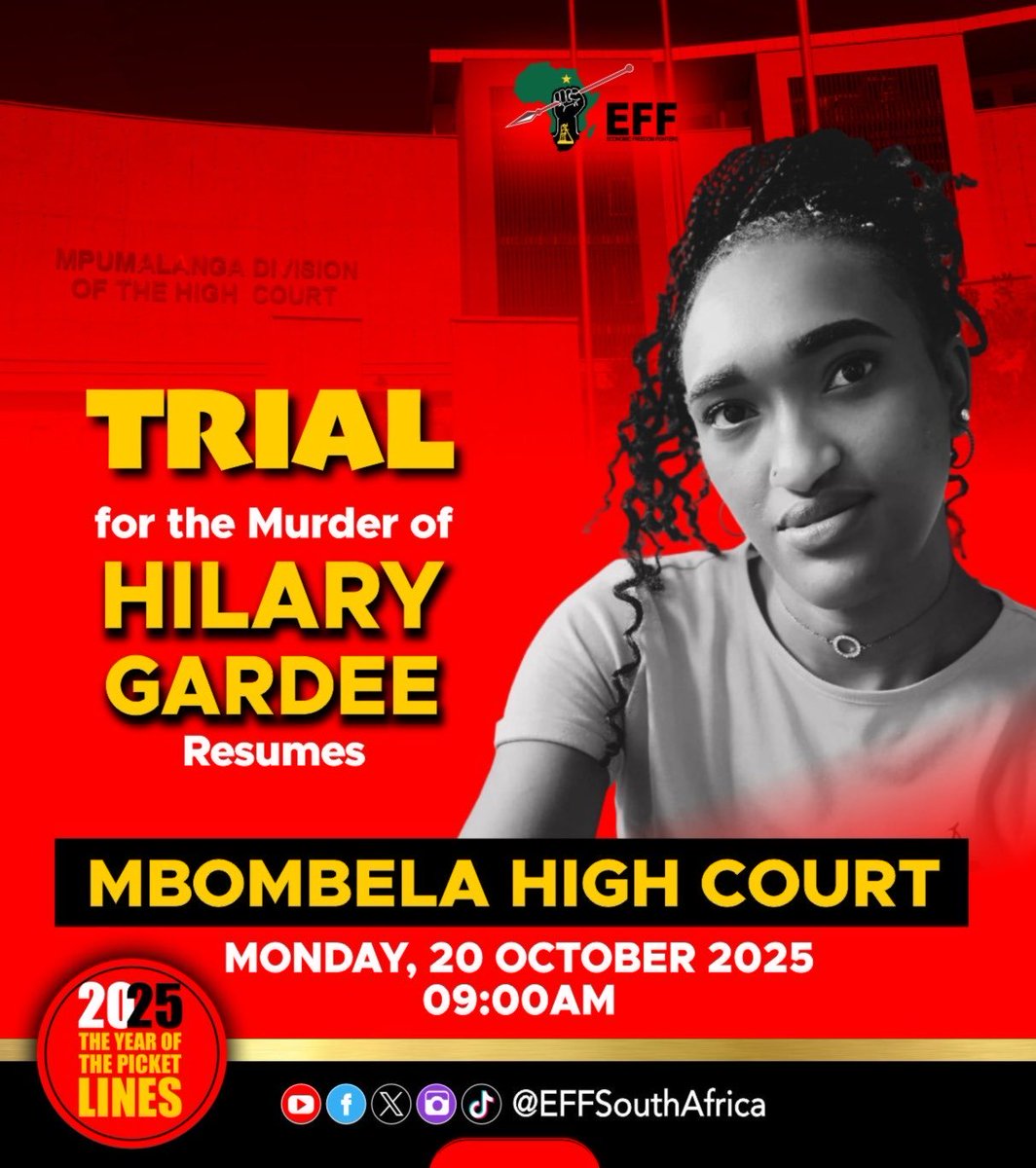 ♦️Do Not Miss It♦️

The trial for the murder of Hilary Gardee resumes on Monday, the 20th of October 2025 at Mbombela High Court. 

#JusticeForHillaryGardee
