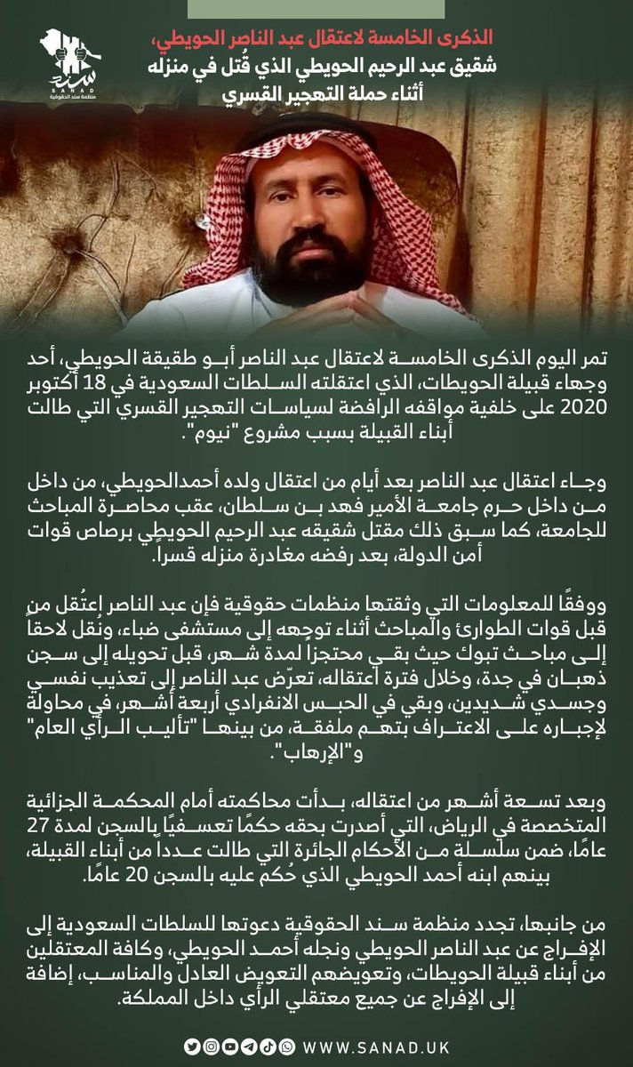 الذكرى الخامسة لاعتقال #عبدالناصر_الحويطي، شقيق عبد الرحيم الحويطي الذي قُتل في منزله أثناء حملة التهجير القسري.