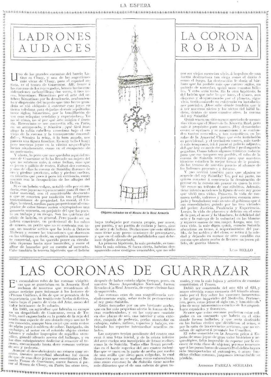 ColeccionMMoret's tweet photo. A mí el robo que realmente me duele es el de la Corona de Suintila, que fue sustraída el 4 de abril de 1921 de la Armería del Palacio Real de Madrid, junto con otras piezas del Tesoro de #Guarrazar que allí se conservaban y que nunca fueron recuperadas. https://t.co/1NPuLMQ19I