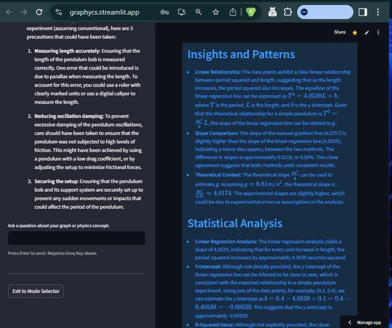 HelloPhysics_'s tweet photo. Graphycs3 aids Physicist plot, analyze their graphs, get their experiment analyzed and ask questions and get AI explanations about their graphs.

Frame 1: Asking Graphycs3 Ai to calculate for the gradient for my plotted graph.

Frame 2: Shows insights, patterns and analysis. https://t.co/S2c4bhyI4S