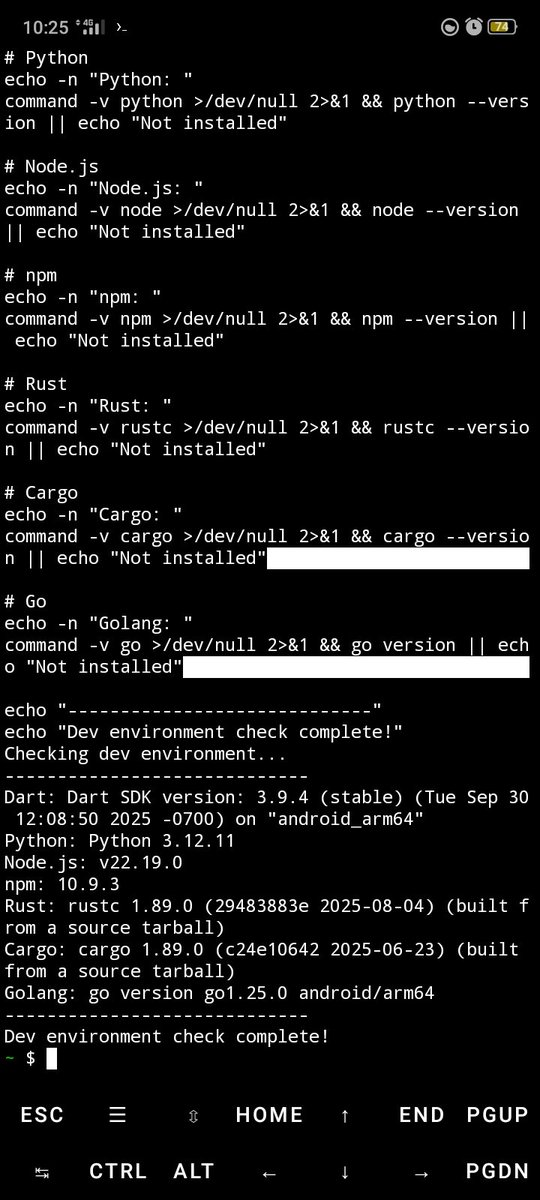 PhantomDev001's tweet image. Just set up my mobile dev lab in my pocket 🤯
Dart ✅ Python ✅ Node.js ✅ npm ✅ Rust ✅ Cargo ✅ Go ✅
All on my phone, no PC needed.
Who said you need a laptop to code like a boss? 💻🔥 #Termux #MobileDev