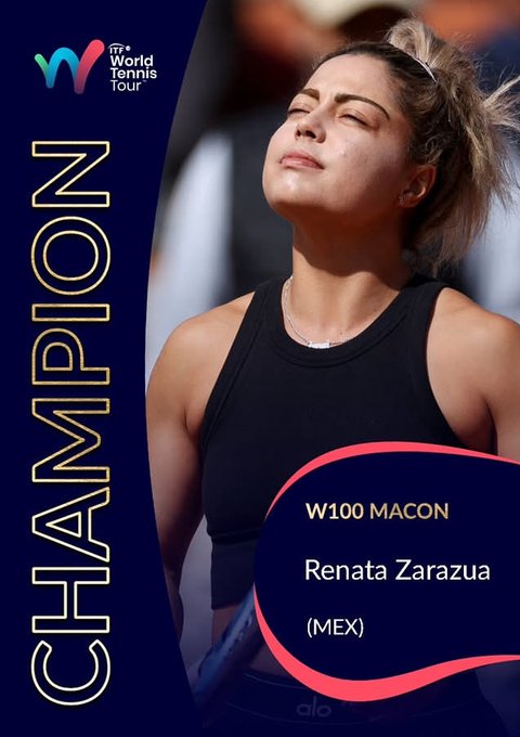A woman with long wavy hair tied back wearing a black tank top and sunglasses on her head stands on a tennis court with eyes closed and head tilted back smiling slightly. The background shows an outdoor tennis court with net and fence. Text overlays include WTA World Tour logo, W100 MACON CHAMPION, Renata Zarazua MEX in blue and pink colors.