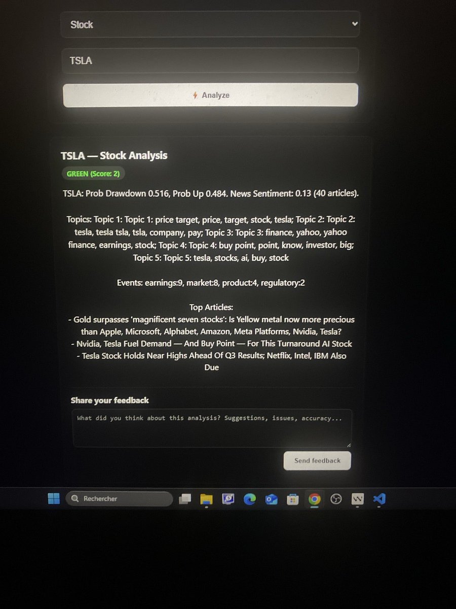 MarkTheInt's tweet image. Feather AI in action: TSLA analysis GREEN (Score: 2) with low drawdown (0.516) &amp;amp; up prob 0.484 amid Q3 buzz! Positive sentiment (0.13) from 40 articles on price targets &amp;amp; finance.

Free scan: featherai.github.io/feather/

What’s your stock? #FintechAI #TSLA #Stocks