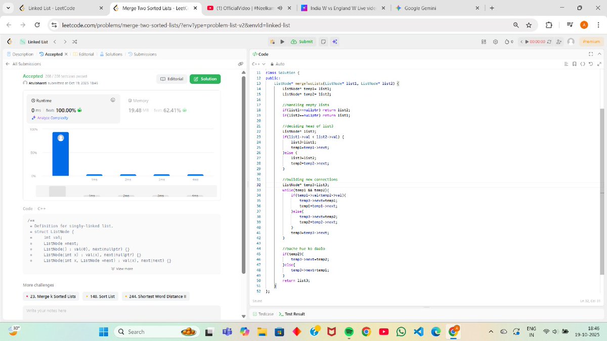 AtulBharat26788's tweet image. Day 4 of #100DaysOfCode
Solved 5 leetcode problems on singly linked list(ll)
1.merge two sorted lists
2.ll cycle
3.reverse ll
4.palindrome ll
5. Middle of ll
Gained a good confidence solving this🐣...will continue with medium lvl problems from tmrw
#DSA #striversheet
#LeetCode