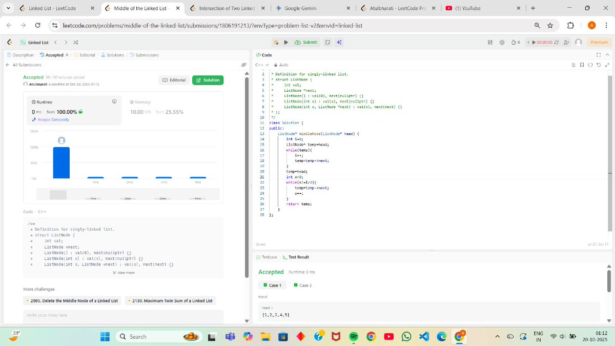 AtulBharat26788's tweet image. Day 4 of #100DaysOfCode
Solved 5 leetcode problems on singly linked list(ll)
1.merge two sorted lists
2.ll cycle
3.reverse ll
4.palindrome ll
5. Middle of ll
Gained a good confidence solving this🐣...will continue with medium lvl problems from tmrw
#DSA #striversheet
#LeetCode