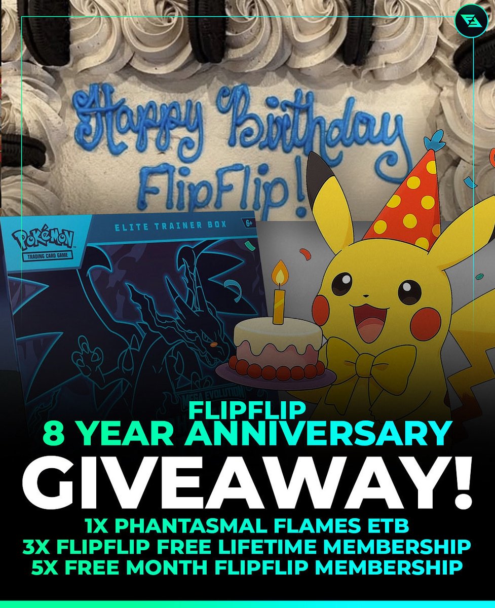🎊 FlipFlip just surpassed 8 Years Old! 🎉 to celebrate we will be hosting a giveaway! 

Winners will receive these Prizes 🎁 
1x Phantasmal Flames ETB 🔥
3x FlipFlip’s Lifetime Memberships 📱
5x Free Month FlipFlip’s Membership 📱

To enter ✅
- Follow @flipflip 
- Like 👍 this