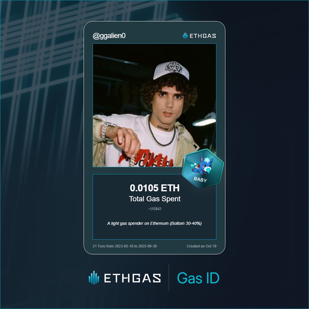ggalien0's tweet photo. Just unlocked my Gas ID via ETHGas 🪪

I'm a Baby Jack with 0.0105 ETH spent on gas since Beacon Chain - now fueling my climb to the Gasless Future and earned 2 Beans already. 

Reveal yours at https://t.co/0KhQtm92C4 https://t.co/4mAkZs92ko