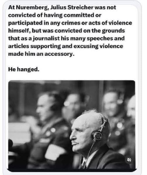 Julius Streicher was hanged not for pulling a trigger, but for loading the minds of an entire nation with the hatred that made the Holocaust possible. His case set a crucial legal precedent that incitement to genocide is itself a capital crime against humanity. 
Tick-Tock ⏰