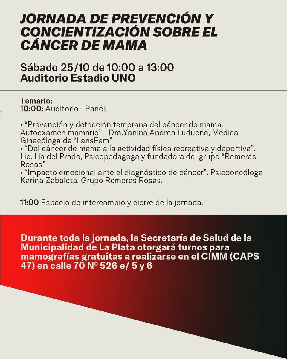 🎗️🩷 En el Día de Lucha contra el Cáncer de Mama, invitamos a toda la comunidad a la jornada de concientización que se llevará a cabo el próximo fin de semana en nuestra casa, en UNO.

La prevención y concientización son herramientas claves para detectar, tratar y curar el cáncer