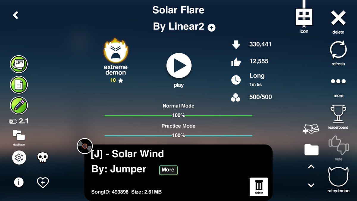 It's been a while since I beat something, but I beat Solar Flare! I knocked this one out in just a week somehow, and even though I had pretty good luck, this was a very frustrating level to play from 0. One more level until top 50 now! | 19,107 attempts (including 3,236 old)