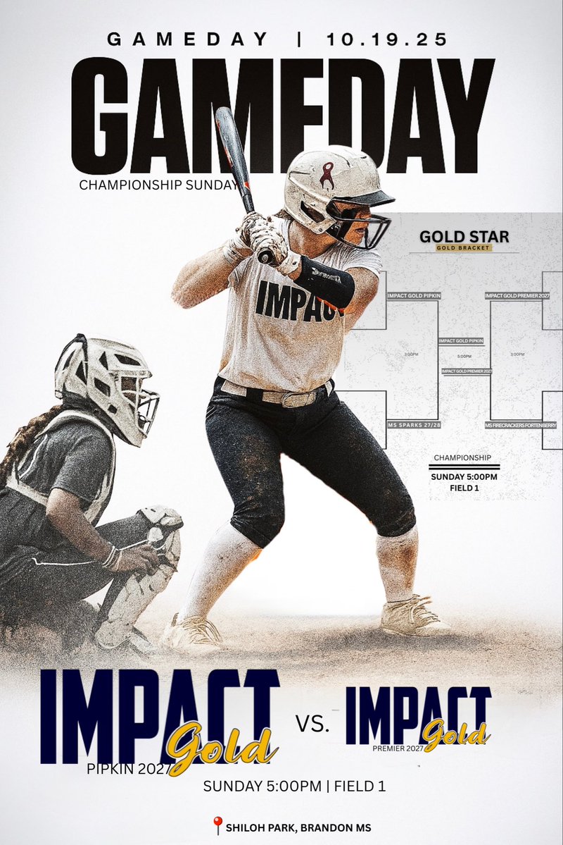 Championship Sunday 🏆🔥
Impact Gold Pipkin vs Impact Gold Premier 2027 for the Gold Star Championship!
💪 First pitch: 5:00PM | Field 1
📍 Shiloh Park, Brandon, MS

Let’s finish strong and bring it home! 💛💙
#ImpactGold #GoldStarShowcase #ChampionshipSunday #BeTheImpact