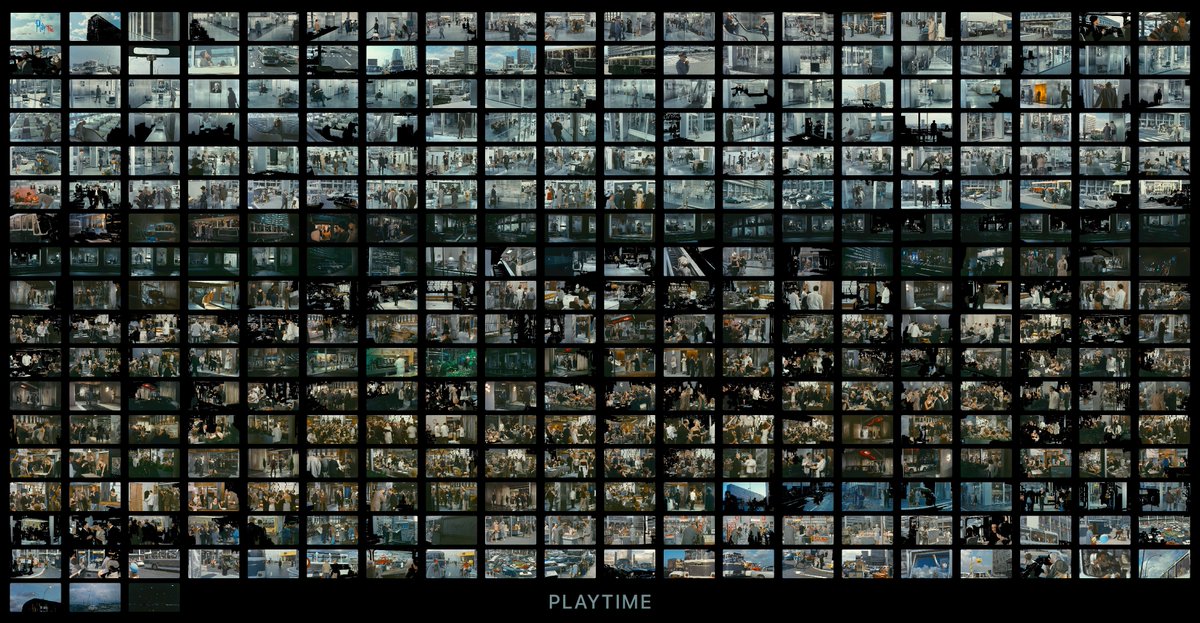 PLAYTIME (1967)

Director Jacques Tati created a city block of modernist sets with moveable backdrops for his film about the state of humanity in a modern world. 

Here are all 343 individual shots in the 124-minute film that averaged 21 seconds per shot.