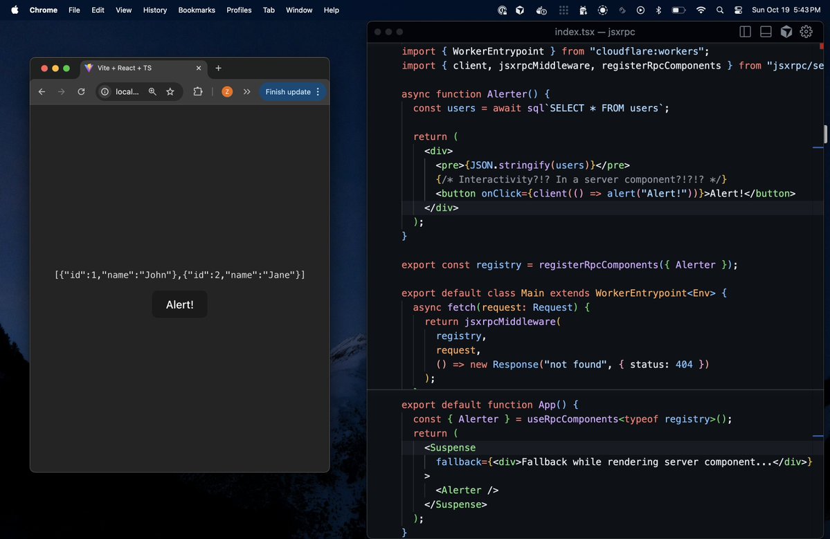 zebassembly's tweet image. What if your server components had interactivity and didn't require bundler tricks? cooking up an idea with @csparks1919