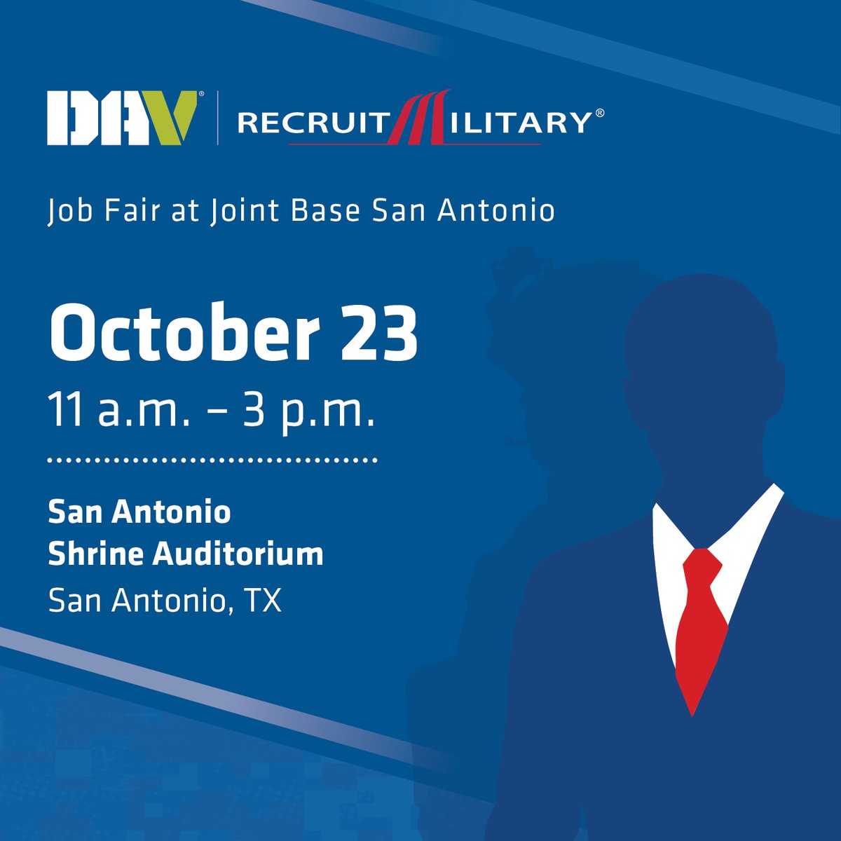 On Thursday, October 23, at 11 a.m. (Central), DAV and <a href="/RecruitMilitary/">RecruitMilitary</a> will host an in-person job fair at Joint Base San Antonio for transitioning service members, veterans, Guard/Reserves, and spouses. Register: dav.la/4mdACnF.