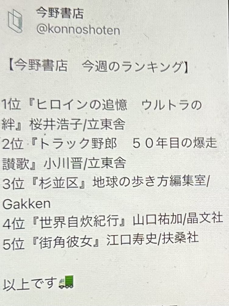 🤲おはようございます🤲
‼️西荻窪の今野書店様トーク&amp;サイン会‼️無事終了‼️
🙇いらして下さいました皆様🙇配信にご参加頂きました方々、今野書店様とスタッフの皆さん、司会の内野惣次郎さん、立東舎様、円谷プロF氏🙇
❣️有難うございました❣️
お陰様で今野書店様今週の売り上げランク🔥何と🔥1位🔥
