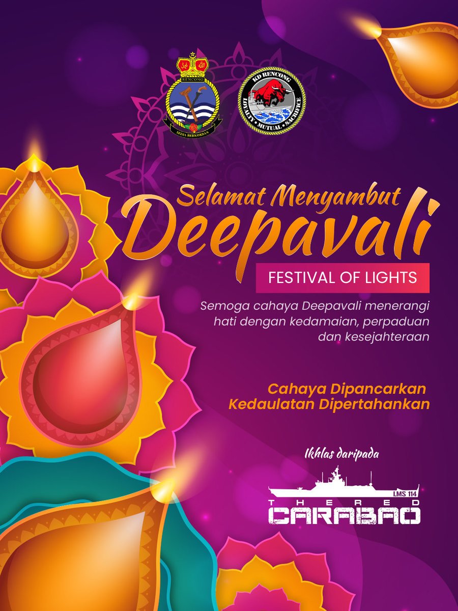 Selamat Menyambut Hari Deepavali kepada semua warga TLDM dan rakyat Malaysia yang meraikannya.

Semoga cahaya kemenangan menyingkirkan kegelapan dan membawa sinar keharmonian buat kita semua.

Salam dari kami warga THE RED CARABAO

#KDRENCONG 
#LMS114