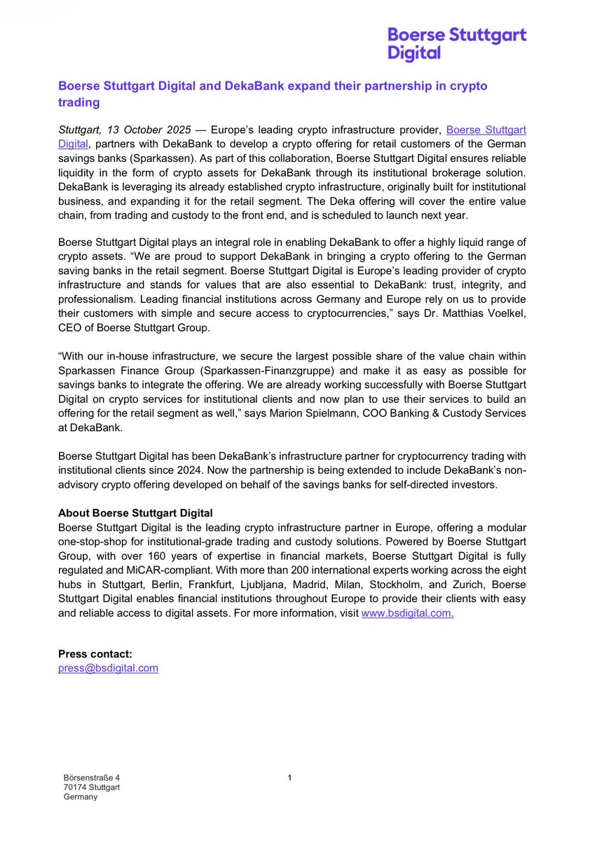 Ripple Custody —&gt;Deka Bank and Boerse Stuttgart expand their partnership to include crypto trading for ~50Million customers.