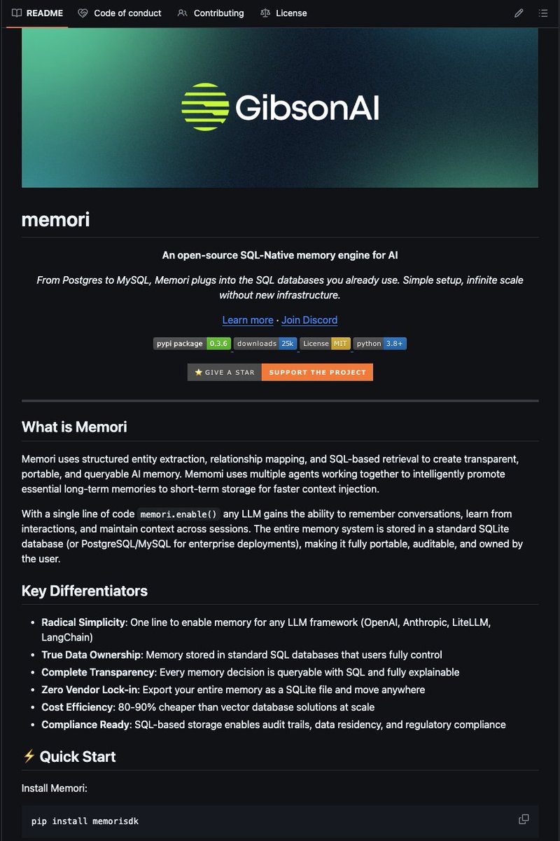 3rdSon__'s tweet image. This repository contains Memori, an open-source memory engine for LLMs, AI Agents &amp;amp; Multi-Agent Systems.

It enables LLMs to be context-aware, with human-like memory, dual-mode retrieval, and automatic context injection.

100% Open Source