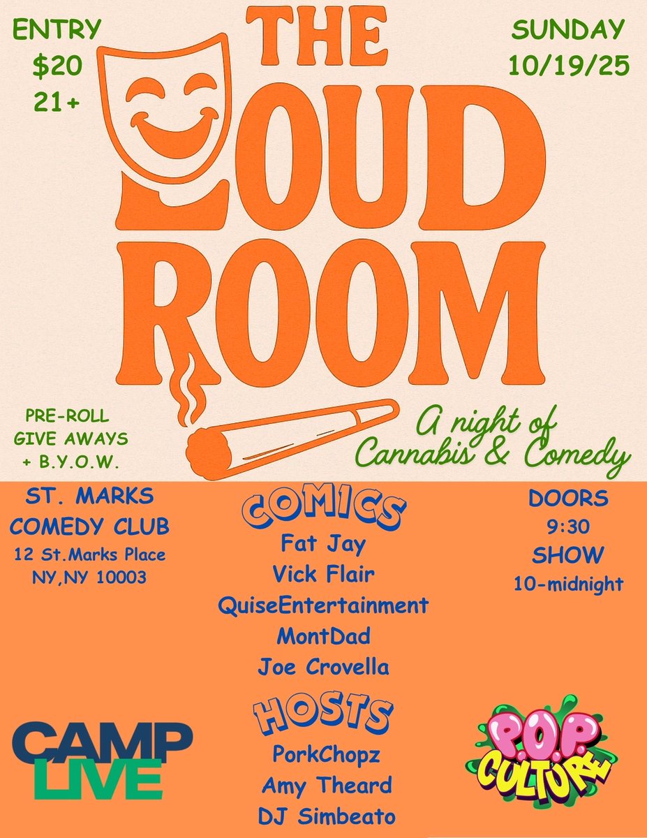 TONIGHT! NYC! Come through for a night of cannabis &amp; comedy! Smokes &amp; jokes! Free pre rolls on deck! Pull up!