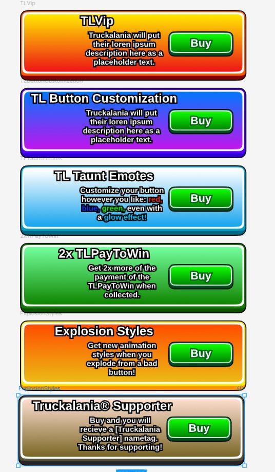 TycoononRoblox's tweet image. #robloxuidesign #Truckalania i created this in figma, basically some frames and textlabels, how does this look?
