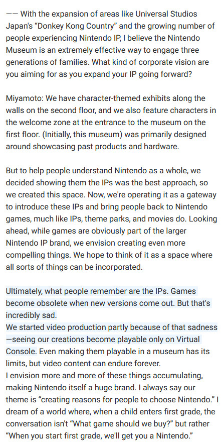RE: the Miyamoto quote that has been a hot topic all day. Turns out it is an out-of-context, mish-mash of two seperate lines taken from an interview about the Nintendo Museum. 

Unsurprisingly, the full context is nuanced, with a different outlook than the quote being spread.