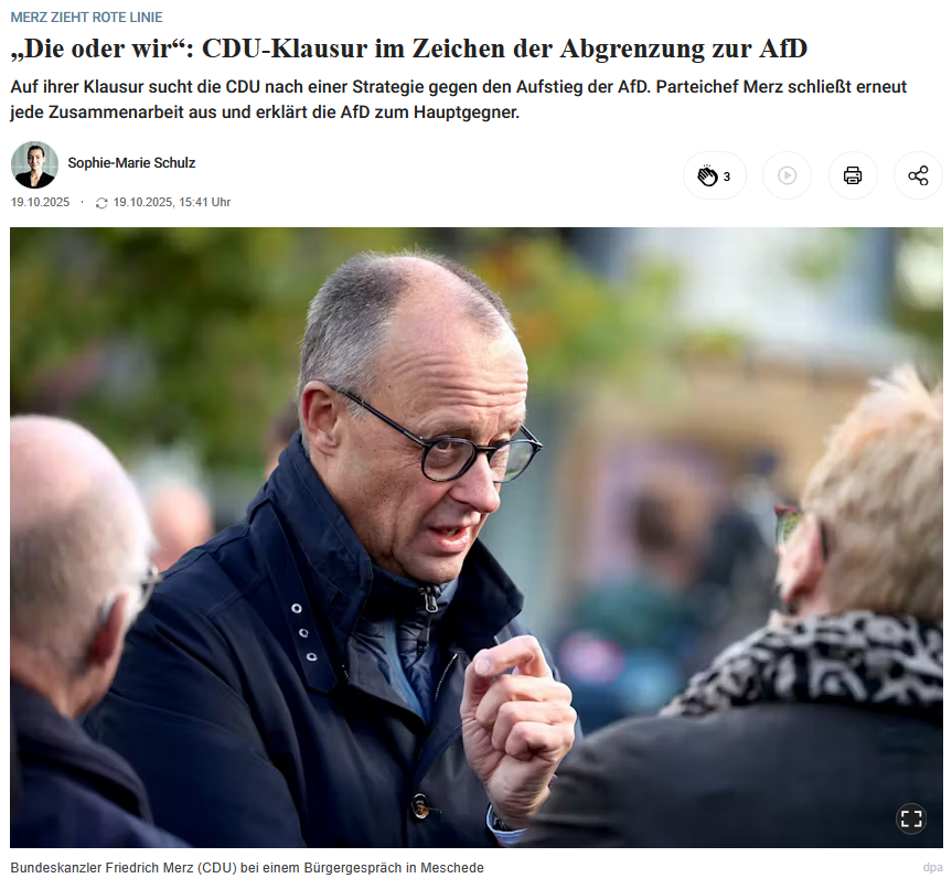 PeterBorbe's tweet photo. Wenn sich eine Kanzlerpartei nur noch in wahnhaftem Verteufeln eines politischen Wettbewerbers ergeht, am Ende gar keine Inhalte mehr zu bieten hat außer "Wir hassen die AfD", dann ist das kein gutes Signal für das Land.
Die KI berechnet eine programmatische Übereinstimmung von 76% für CDU und AfD, aber die Union arbeitet lieber mit Sozialisten und Kommunisten zusammen. Das werden sich konservative Wähler nicht ewig gefallen lassen.
https://t.co/WKBQuRi78X