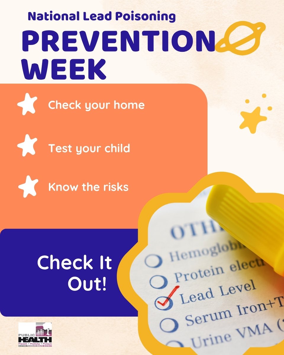 BFHD's tweet photo. 💙 It’s National Lead Poisoning Prevention Week!

✅ Check your home (pre-1978 = risk)
🩸 Test your child
📦 Know where lead hides (paint, soil, imports)
EPA: https://t.co/HalFLhqTiv
CDC: https://t.co/obCuQsTSSJ
BFHD Info: https://t.co/AD2TzE018V
#NLPPW #LeadAwareness #BFHD https://t.co/ewydSq6Znq