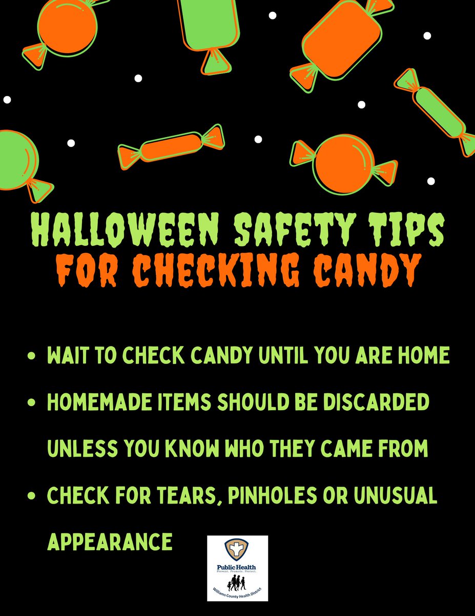 WilliamsCoHD's tweet image. 🍬 Check Your Candy! 🎃
🏠 Wait until you’re home
 ❌ Discard homemade items unless you know who made them
 🔍 Look for tears, pinholes, or anything unusual
✨ Stay safe and enjoy the sweets! ✨
#HalloweenSafety #CandyCheck #TrickOrTreat