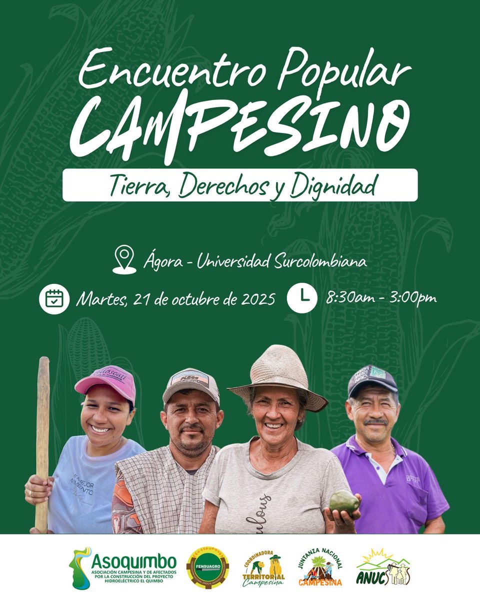 ¡Tierra, Derechos y Dignidad para la campesinada! ✊🏽✍️

#APROCIC y <a href="/Coordcampesina/">Coordinadora Territorial Campesina y Popular</a>, filiales de <a href="/campoenjuntanza/">Juntanza Nacional Campesina</a> en #Huila, invitan a participar del Encuentro Popular Campesino que se realizará en la Universidad Surcolombiana el próximo martes, 21 de 2025.
