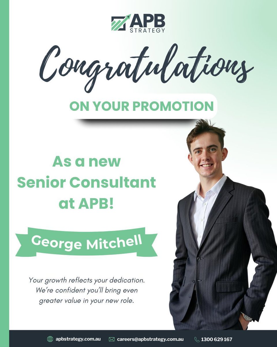 APBStrategy's tweet image. 🎉 Exciting news at APB Strategy! 
We’re thrilled to announce George’s promotion to Senior Consultant! His dedication, leadership, and commitment to excellence have made a lasting impact on our team and clients. Congratulations, George, on this well-deserved achievement! #TeamAPB