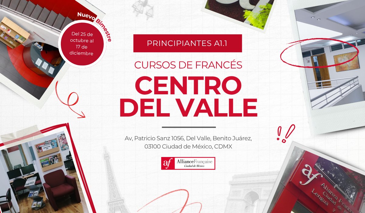 AFMexico's tweet photo. 📍 ¿Vives cerca de Del Valle?
¡Ven a estudiar #francés con la #AFMX!

🔥¡Nuevo bimestre abierto!
🥖 Cursos para todos los niveles💬
📆 ¡Aprovecha el cierre de año para comenzar algo grande!

👍Cursos presenciales y en línea.
🗨️Tenemos entre semana y en fines de semana. https://t.co/Iob6h4n7bG