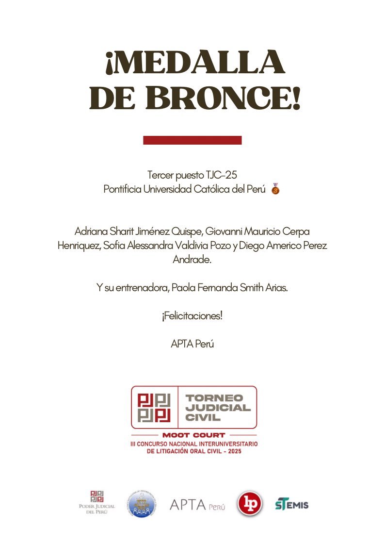 aptaperu's tweet photo. ¡Ellos también están en el podio! 🏆

¡Felicitaciones, equipo @pucp! Ellos ocuparon el tercer lugar en el Torneo Judicial Civil 2025, organizado por el @Poder_Judicial_ - @OralidadCivil y @aptaperu.

#LaCompetenciaDeTodos https://t.co/VT6gl23Xld